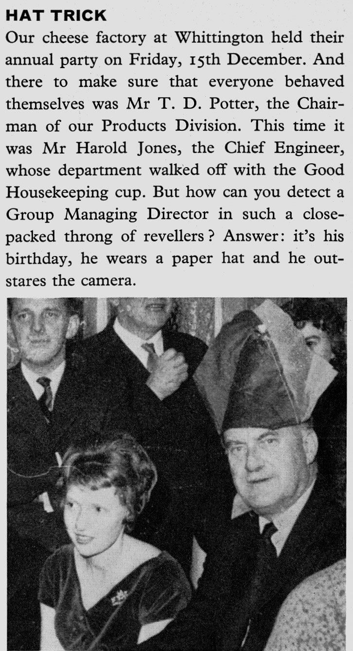 1962 Mr T.D. Potter visits Whittington Creamery to award Harold Jones, Chief Engineer, the Good Housekeeping cup. (Express News Spring)