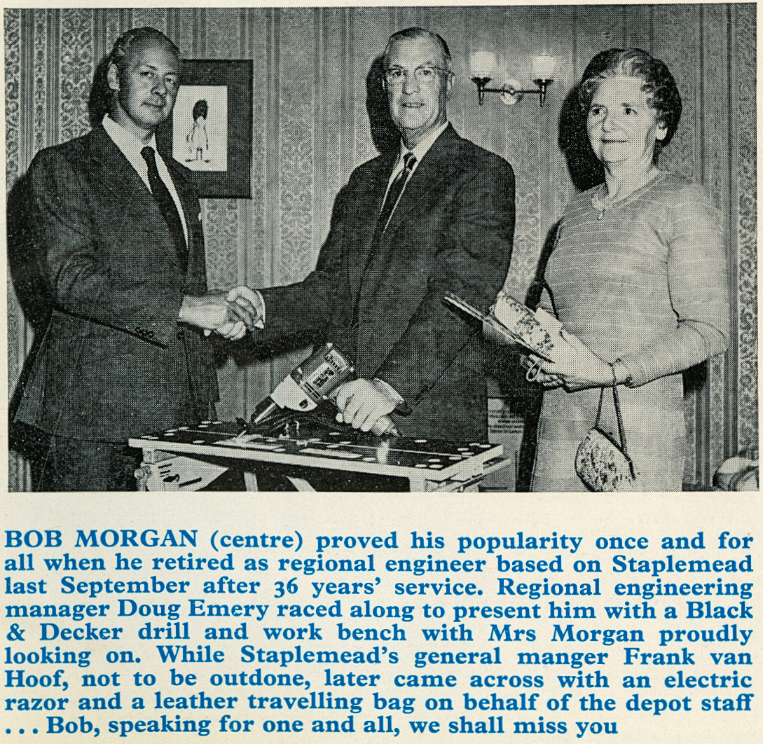 1975 Bob Morgan retires from Staplemead as Regional Engineer after 36 years