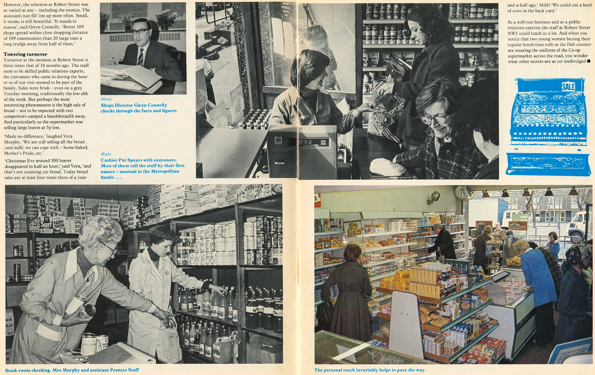 1977 Shops feature about Robert Street shop with manageress Vera Murphy and Shops Director Gwyn Connelly