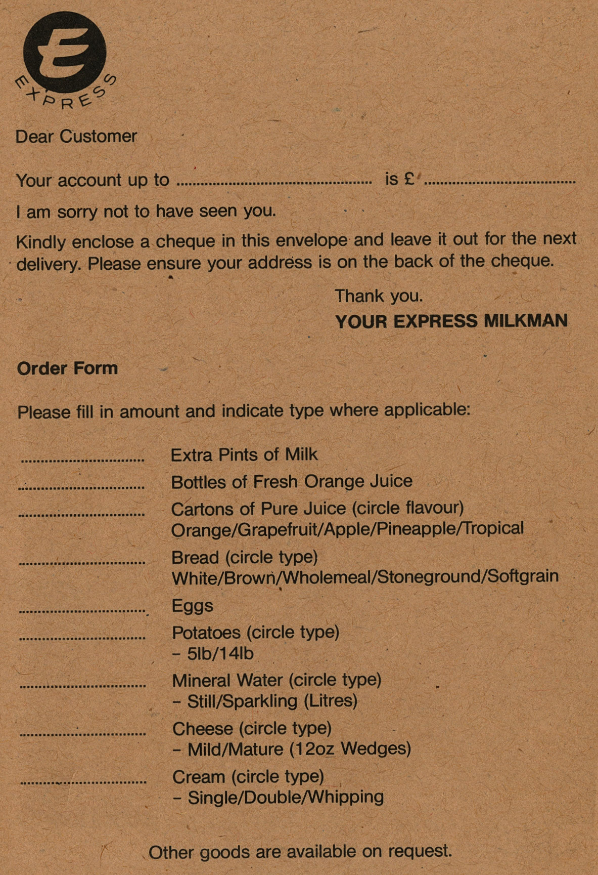 1990's? Milkman's customer envelope for payment and orders (Courtesy Michael Aldread)
