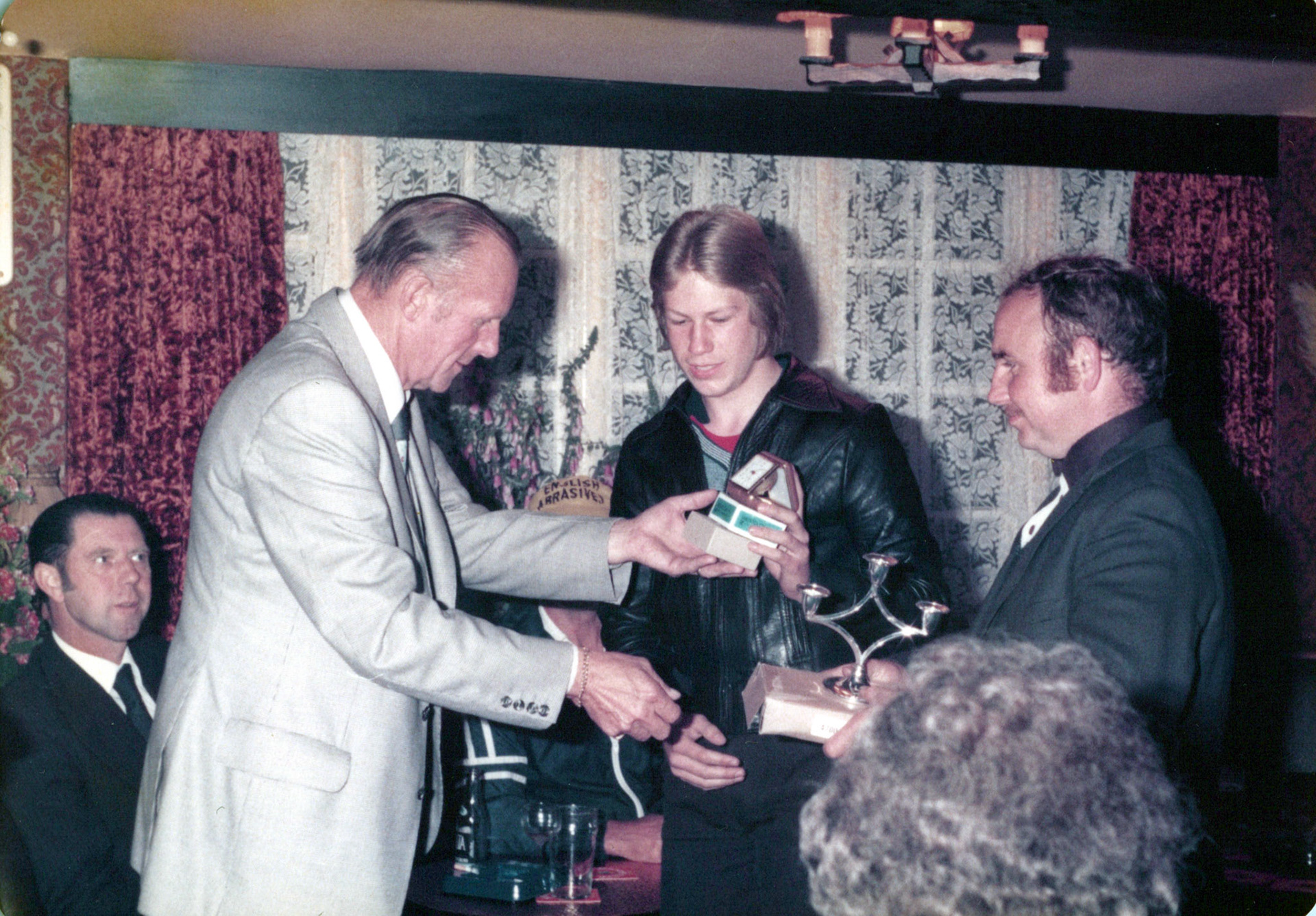 1980's Minsterley Bowling Club. Ben Samuels identifies Harold Bishton, Bert Evans, ?, Brian Lakelin.Lavinia Morgan comments "Brian Lakelin, my brother." Clive Mansell adds "and Phil Hartshorn." Joanne Winter says "My grandad, Bert Evans"(Courtesy Joe Lyons)