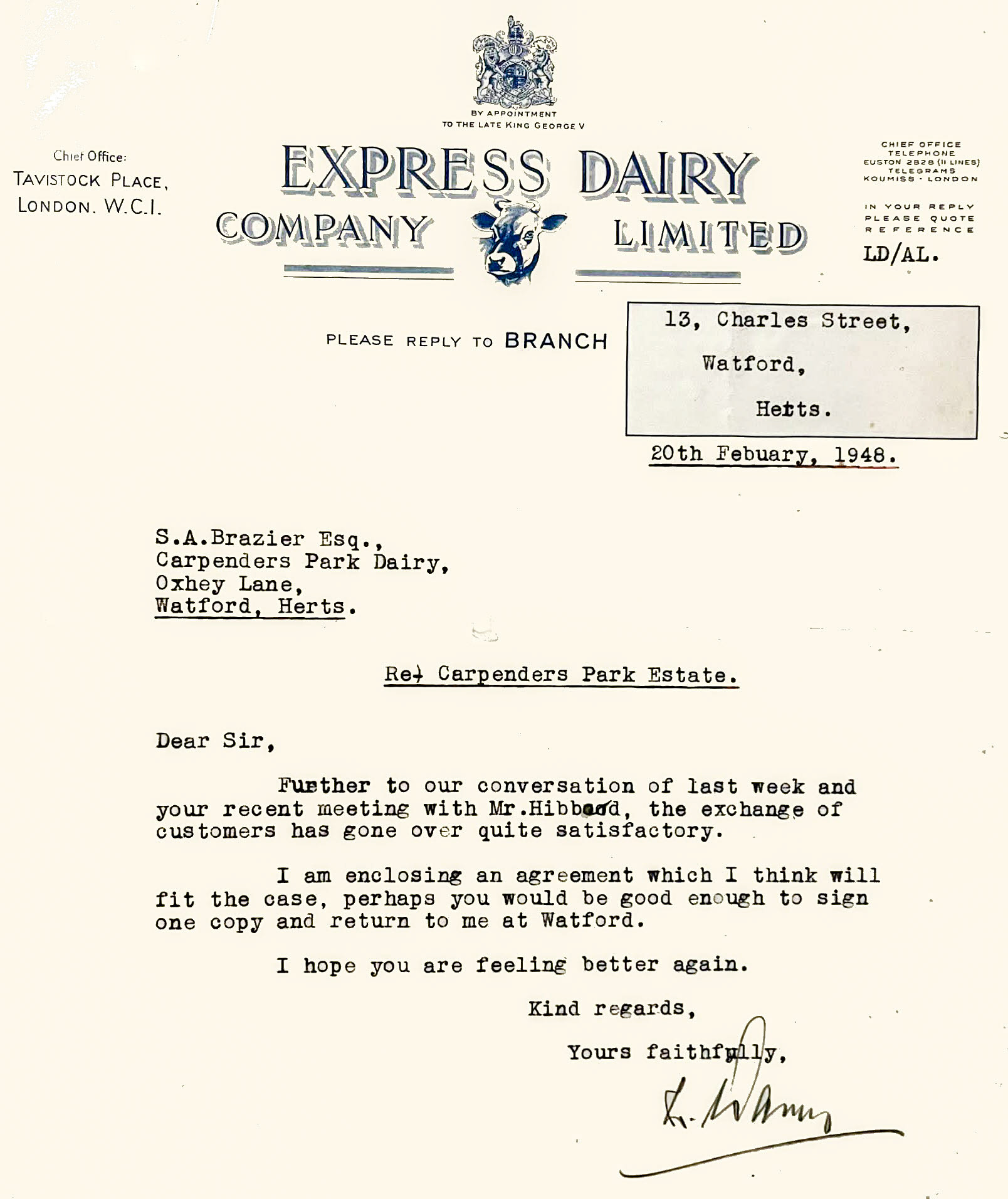 1948 Braziers and Express Swap. Paul Luke comments "Communication between local dairies organising rounds swaps in the early days" (Courtesy Paul Luke, Braziers Dairies FB)