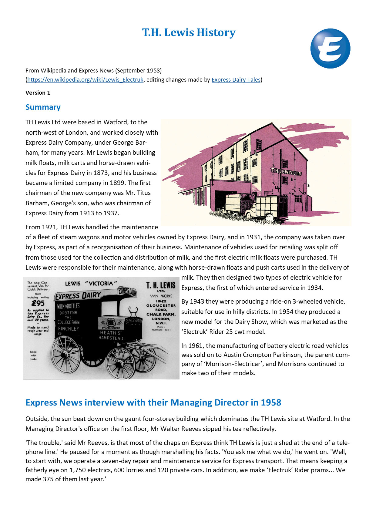 2023 T H Lewis History Page 1 (Express Dairy Tales publication)