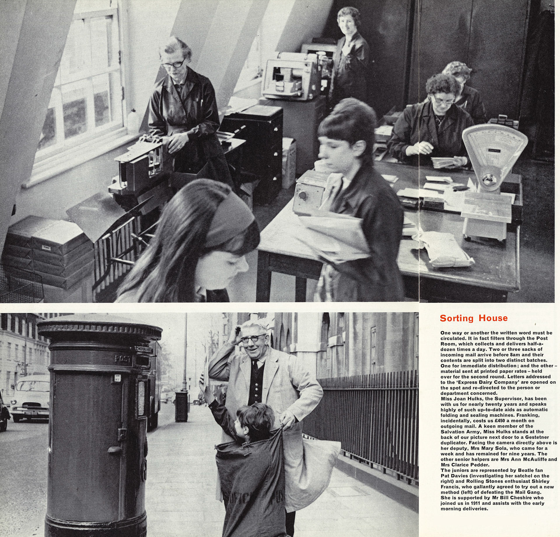 1966 Chief Office, Tavistock Square: Post Room - supervisor Miss Joan Hulks at the back, with Mrs mary Sola, Mrs Ann McAuliffe and Mrs Clarice Pedder. Junior Shirley Francis in the mail sack with Mr Bill Cheshire.