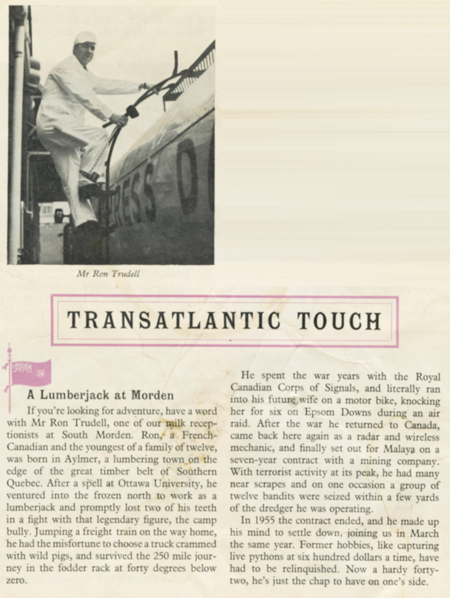 1958 Story about Ron Trudell, ex Lumberjack in Canadaa, now Milk Receptionist