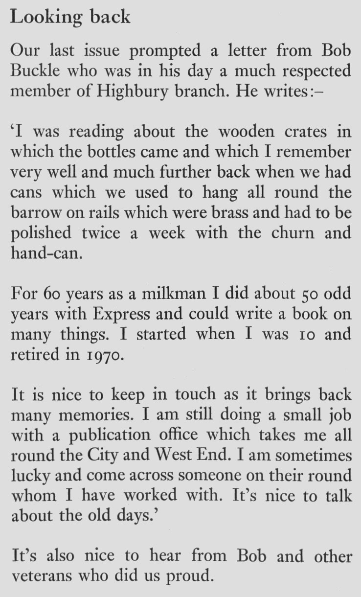 1972 Retired Highbury milkman Bob Buckle remembers his 50 years with Express. (Express News Autumn)