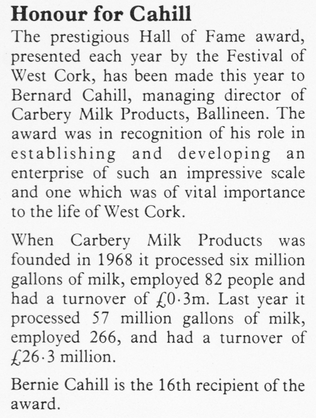 1979 Bernard Cahill, MD of Carbery Milk Products, awarded the 'Hall of Fame' award. (Express News Autumn)