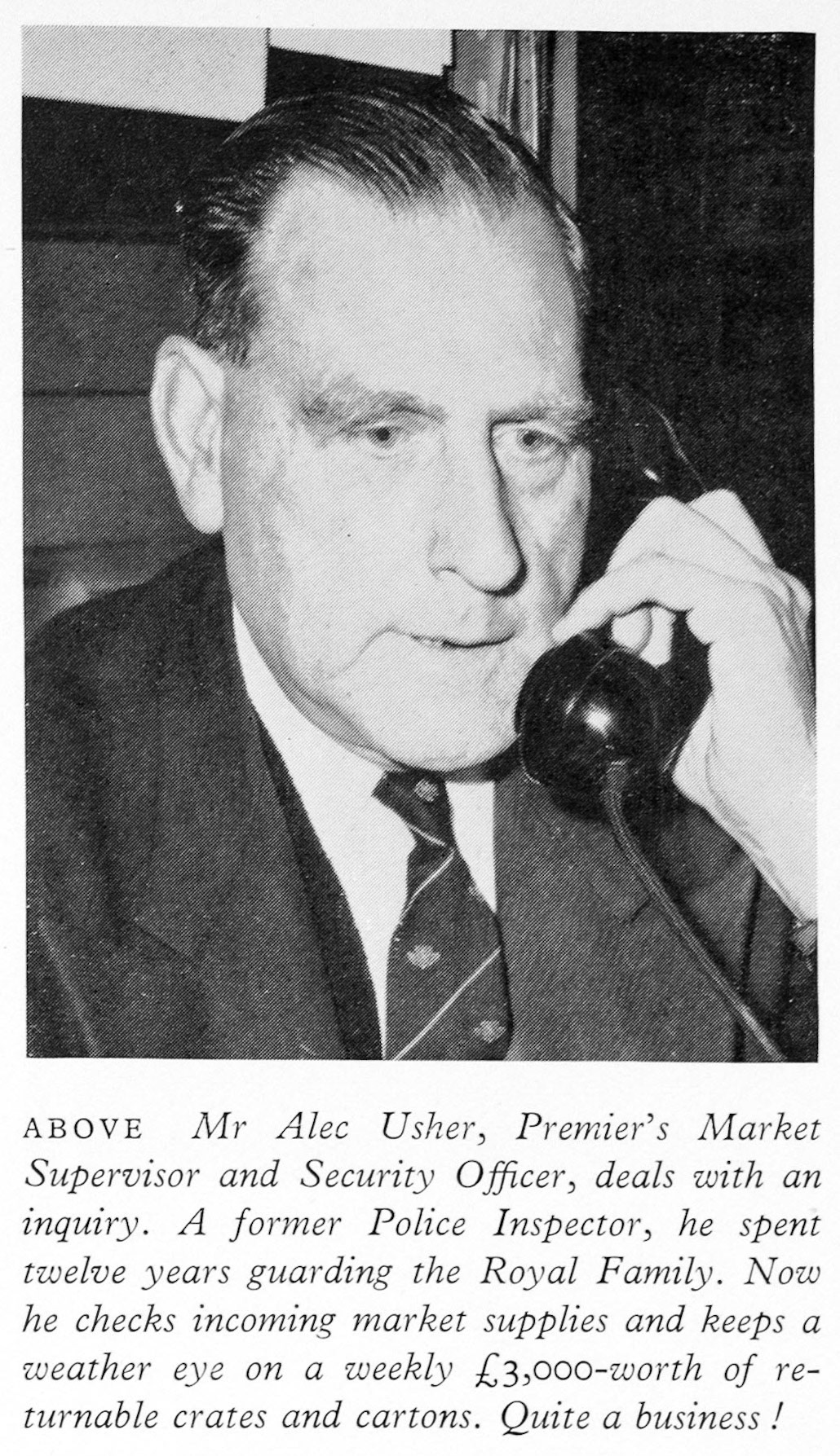 1962 Feature article about fruit and vegetable sales pictures Mr Alec Usher, Premier Supermarkets Market Supervisor and Security Officer. (Express News Autumn)