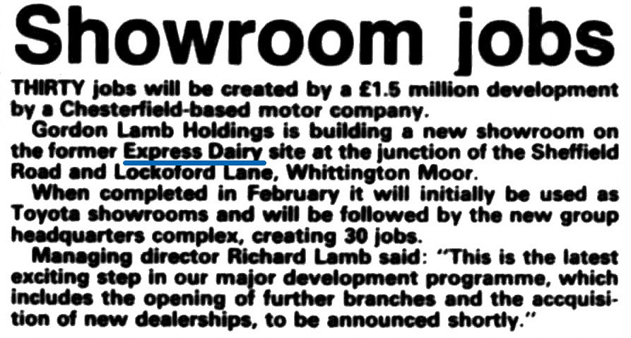 1988 The old Express site in Lockoford Lane, Chesterfield was purchased by a car dealership. Derby Daily Telegraph, 15 October. (Courtesy of THE BRITISH LIBRARY BOARD)