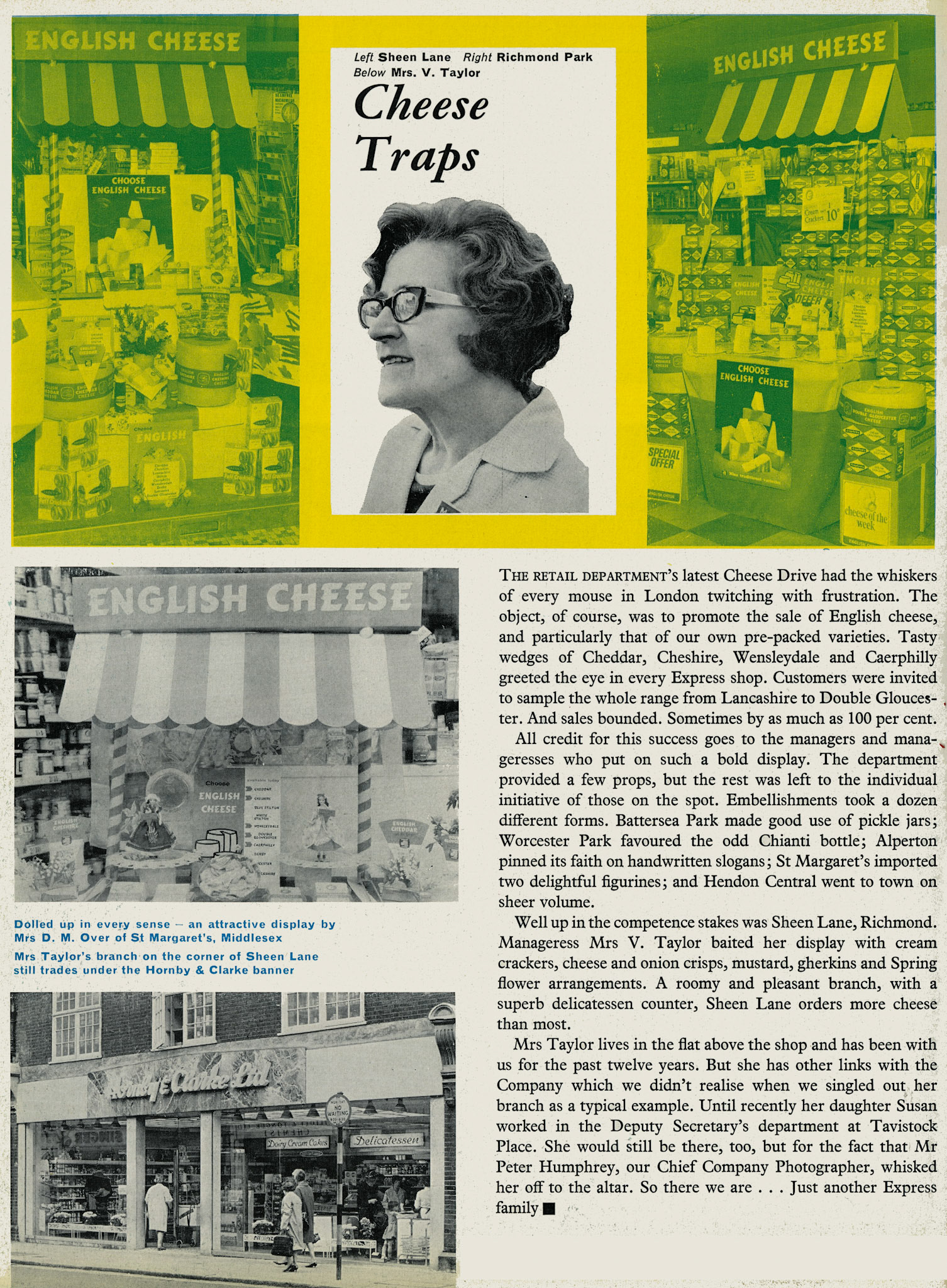 1966 Cheese promotion at London Shops-Sheen Lane, Richmond Park, and St Margarets (Twickenham). Featuring Mrs V Taylor, who lived above the Sheen Lane Shop. (Express News Summer 1966)