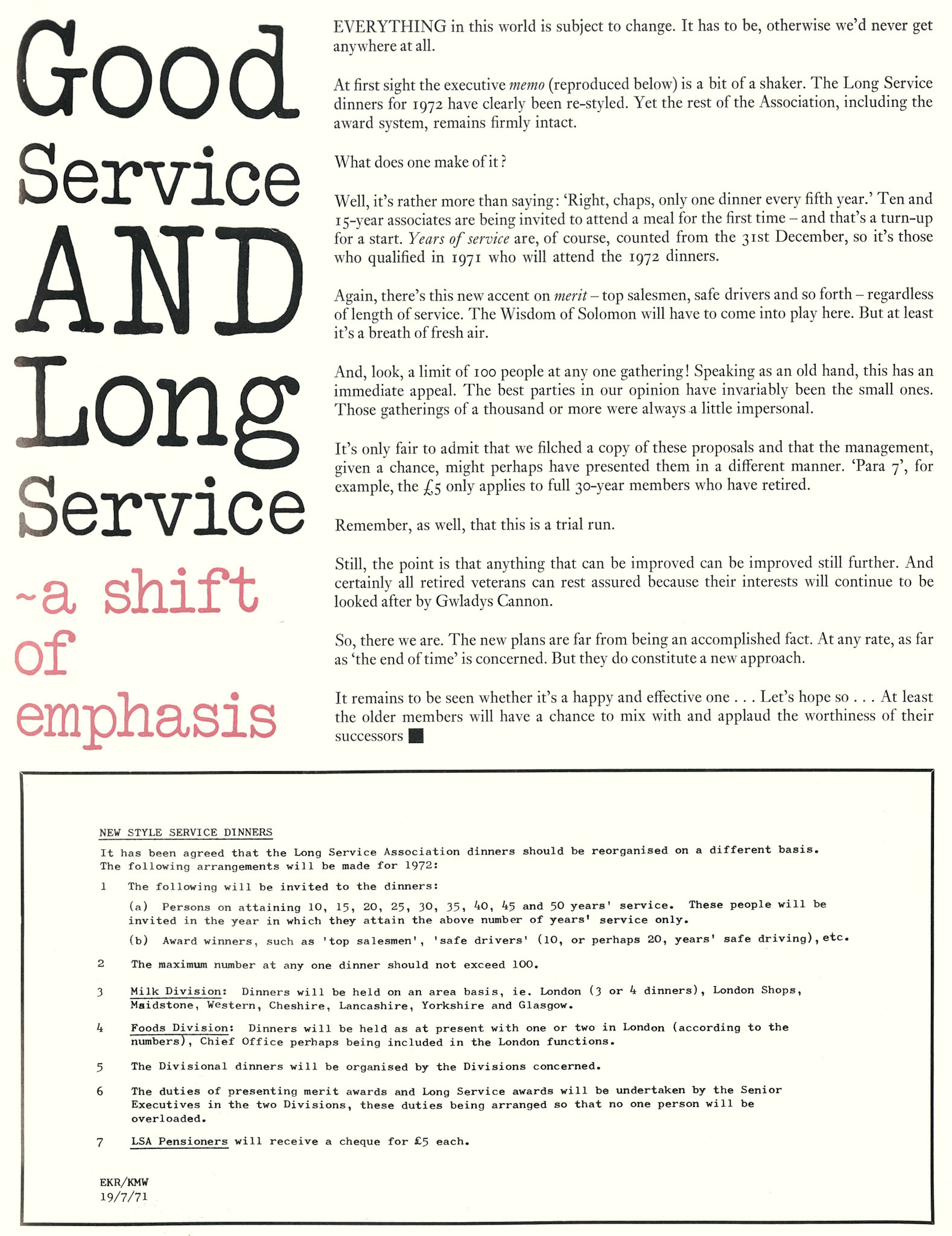 1971 Trial of new scheme for Long Service Dinners, inviting good service as well.(Express News Autumn )
