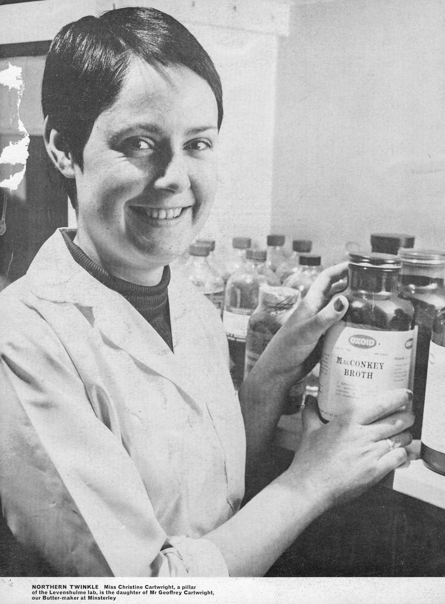 1967 Levenshulme- Christine Cartwright in Levenshulme lab, daughter of Geoffrey Cartright, Buttermaker at Minsterley