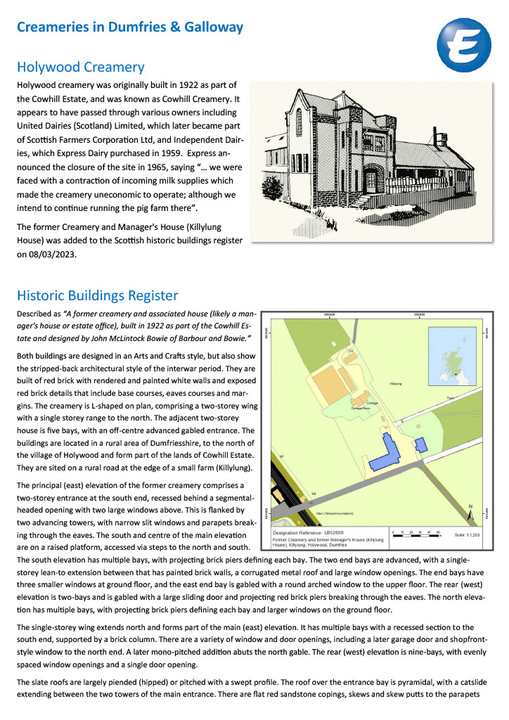 History of Holywood Creamery and nearby Kirkudbright Creamery opening. (Express Dairy Tales publication)