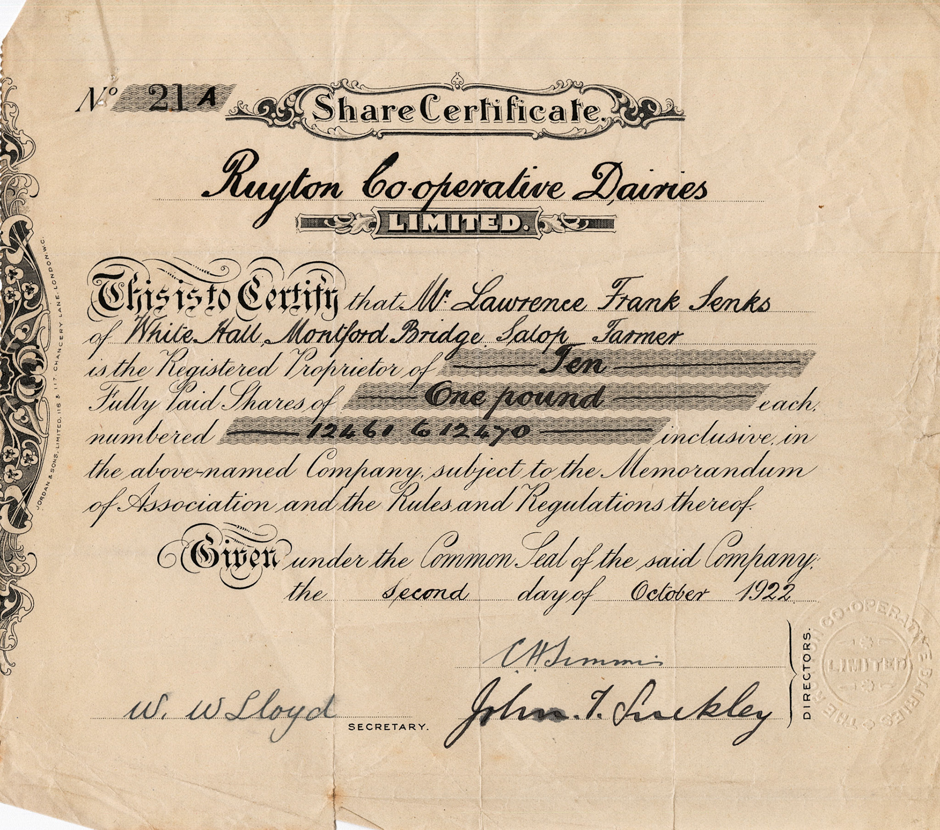 1922 Share Certificate-Mr Lawrence Frank Jenks