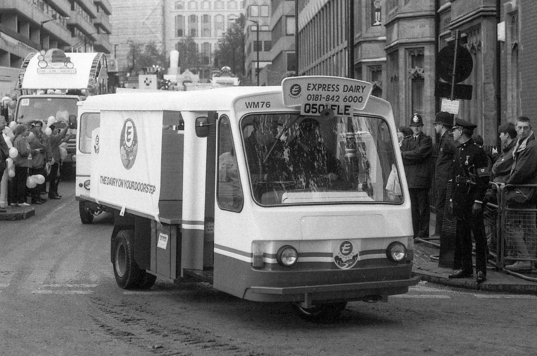 1980's Lord Mayor's Show, City of London, with Reg: Q501 FLE, Fleeet WM 76. Michael Aldread driving the truck. Eamonn Fay adds "All floats were from Bloomsbury, and Lorries from Nine Elms. There were about 10 milkman dragging an inflatable giant bottle of milk around the City, it must have been 100ft long!" (Courtesy Michael Aldread)