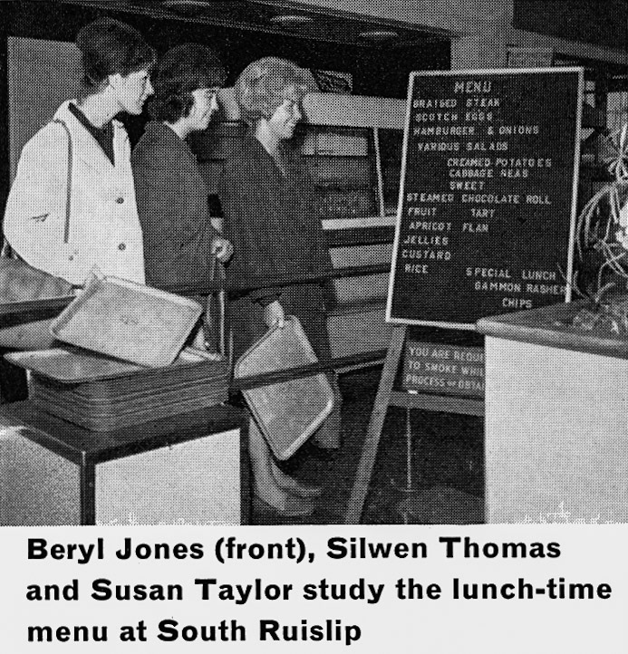1963 South Ruislip canteen users Beryl Jones, Silwen Thomas and Susan Taylor, from Staff Canteen Feature (Express News Autumn)