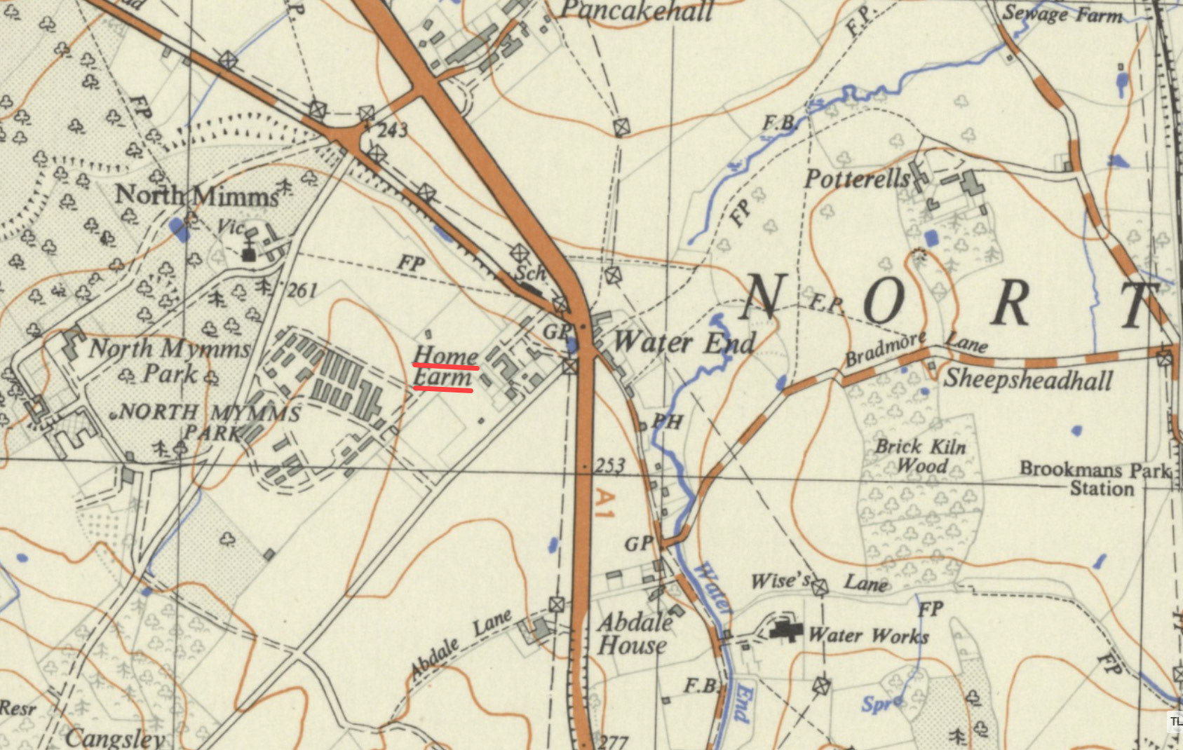 1957 Home Farm, Brookmans Park location, 1957 1:25000 OS map revised:1922 to 1955 (National Library of Scotland)