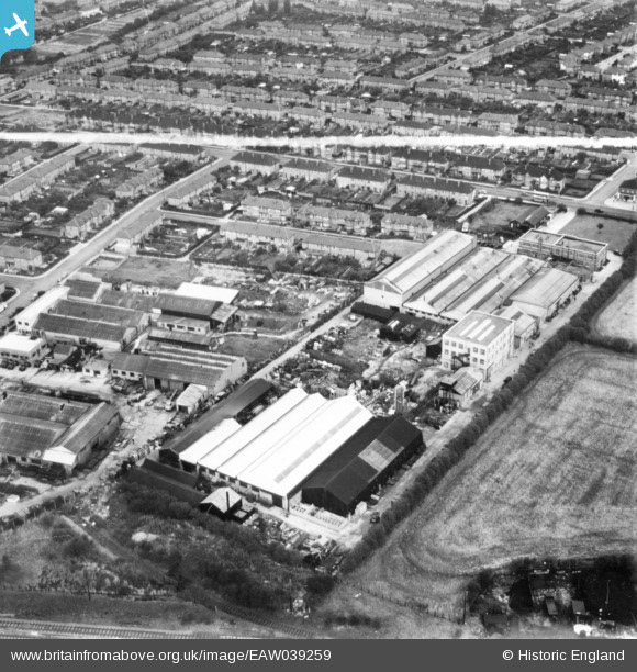1951 South Ruislip site, prior to Express Dairy - The Air Control Installation Works and surrounding residential area, facing 298° (Courtesy Mark Amies, from Britain From Above, https://www.britainfromabove.org.uk/image/EAW039259