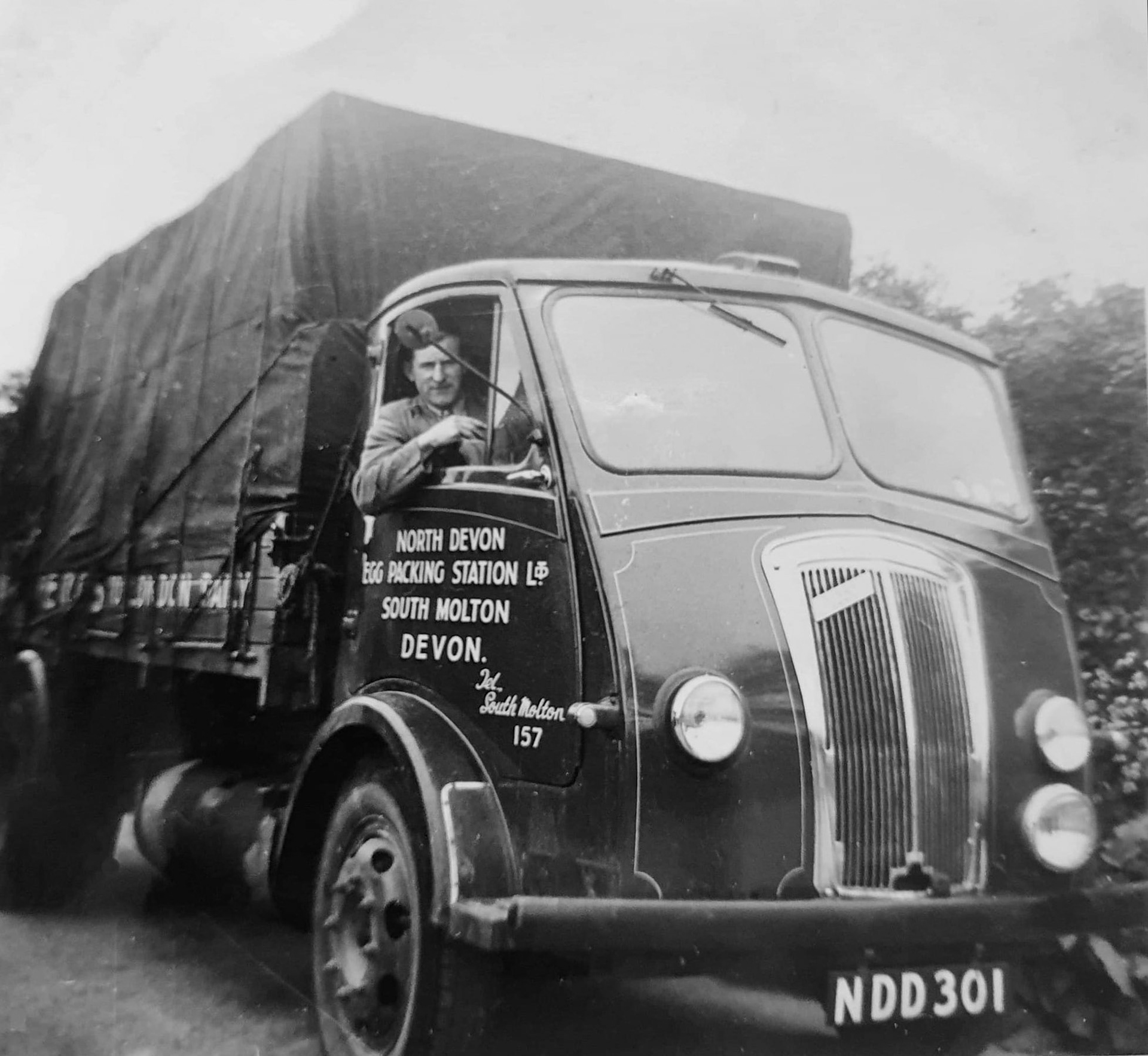 1954 North Devon Egg Packers, of South Molton. "Morris Commercial supplied new by Dando's of Chipping Sodbury. Photo taken at North Molton in June, North Devon Egg Packers were based in East Street (in North Devon Tyres former depot).. Used for running eggs and rabbits to the main London markets. Paired with an ex-ECC ERF they provided a nightly service, quite something in the 50's." (Courtesy David Tucker, Devon Hauliers FB Group)