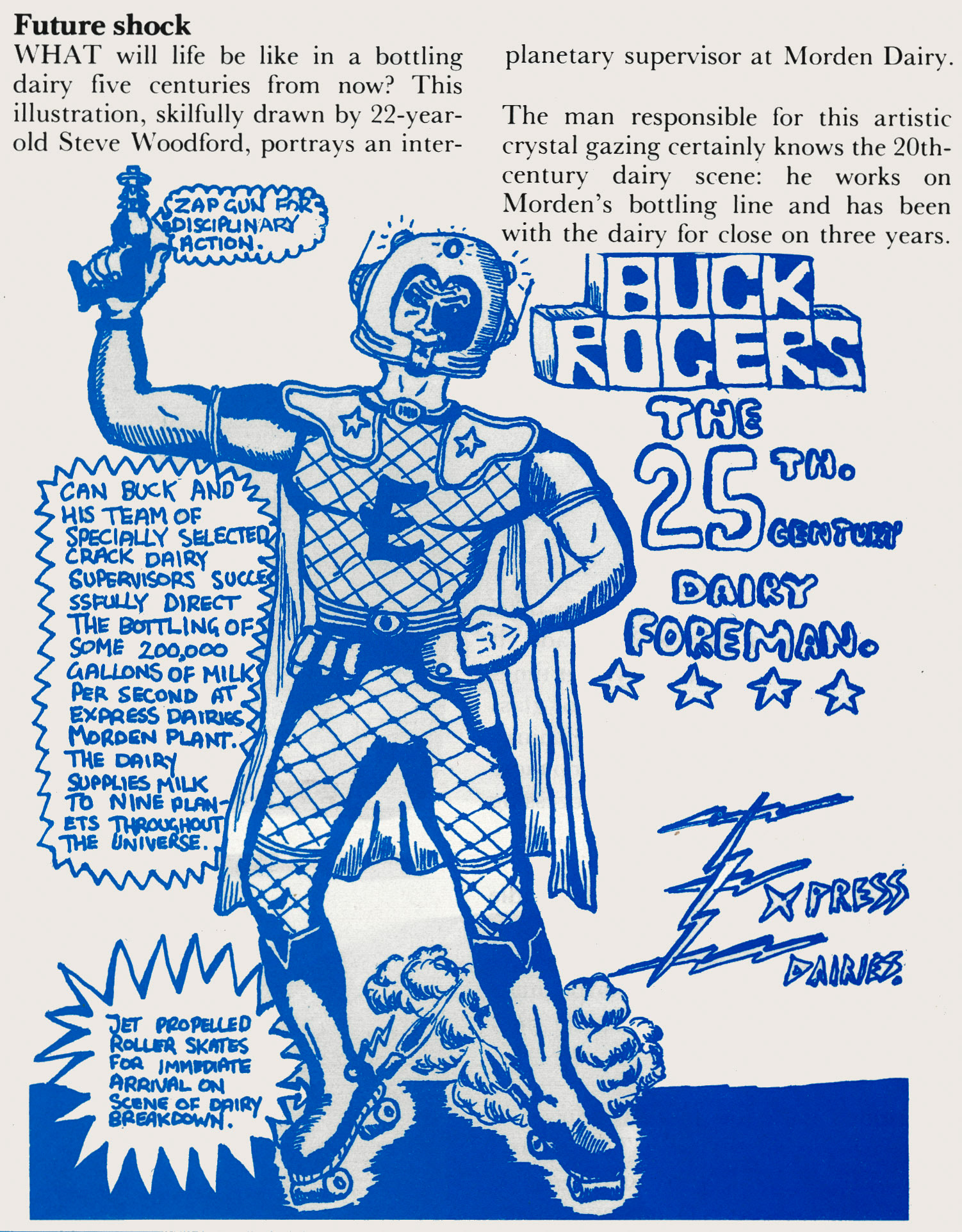1981 Steve Woodford from South Morden, then aged 22, shows off one of his cartoons, depicting a Dairy Foreman in the 25th Century! (Express News December)