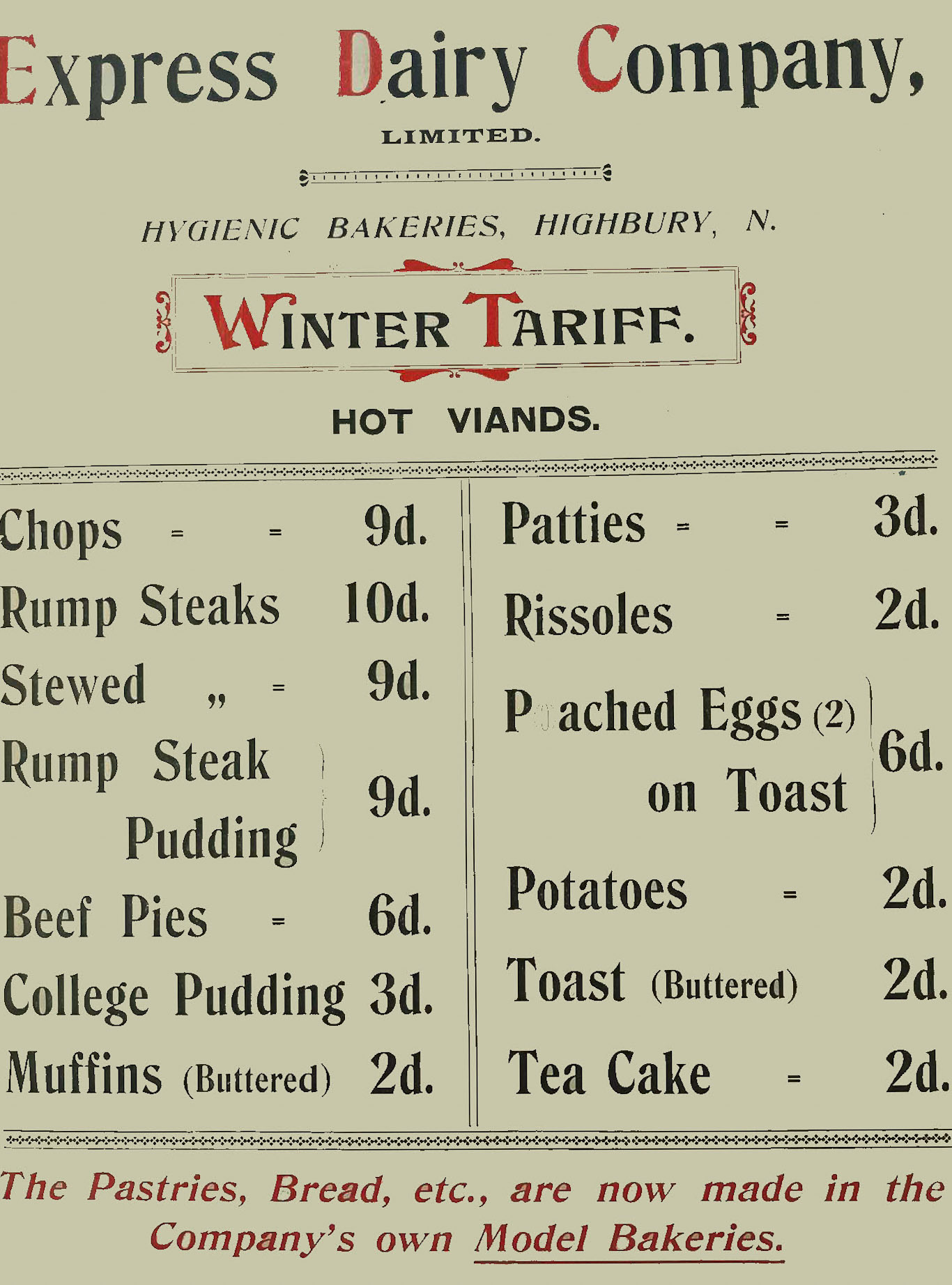 1905 Refreshment Menu for winter. (Courtesy Gerald Croxford)