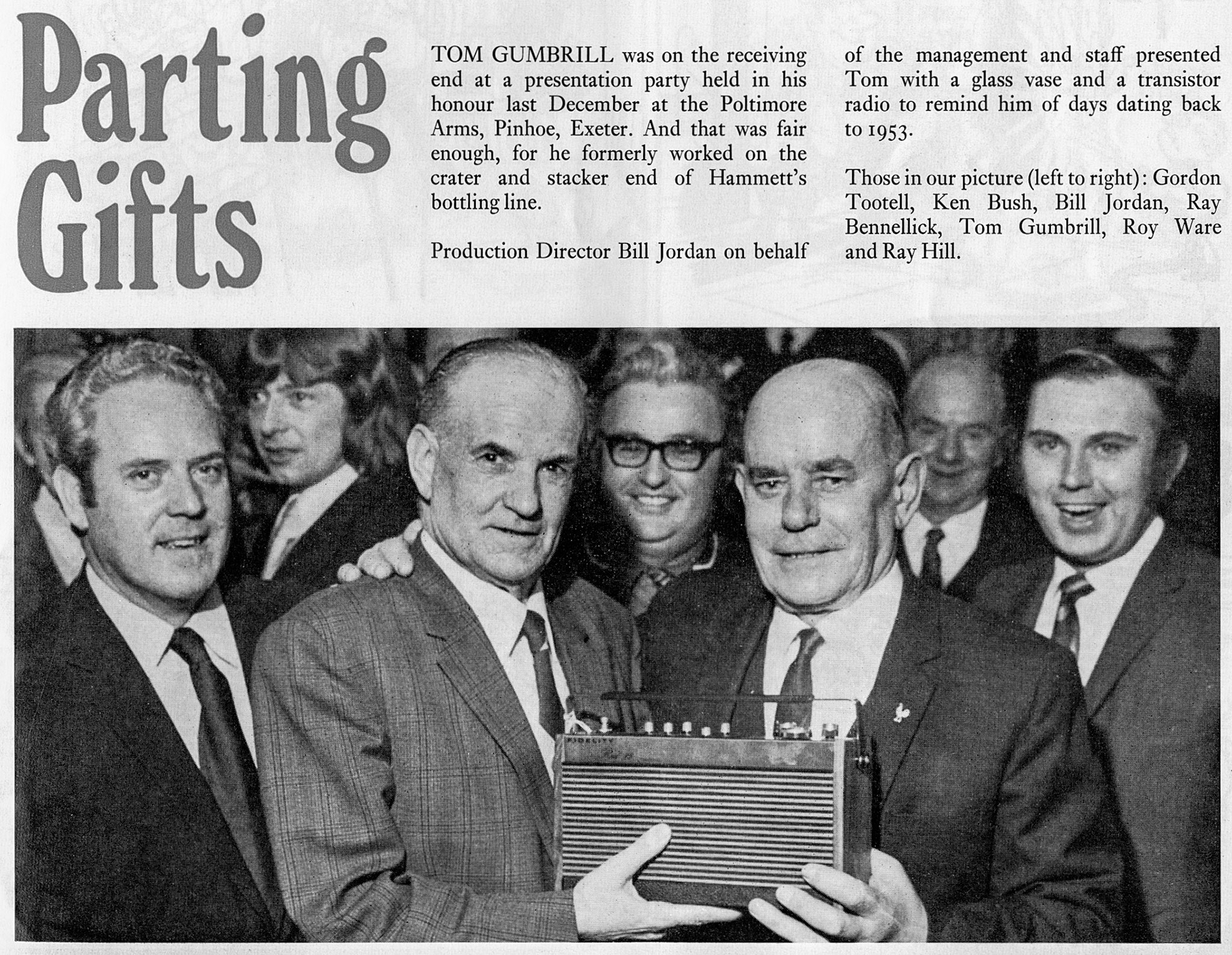 1973 Tom Gumbill retiring from Hammett's Dairy, at the Poltimore Arms, Pinhoe, Exeter