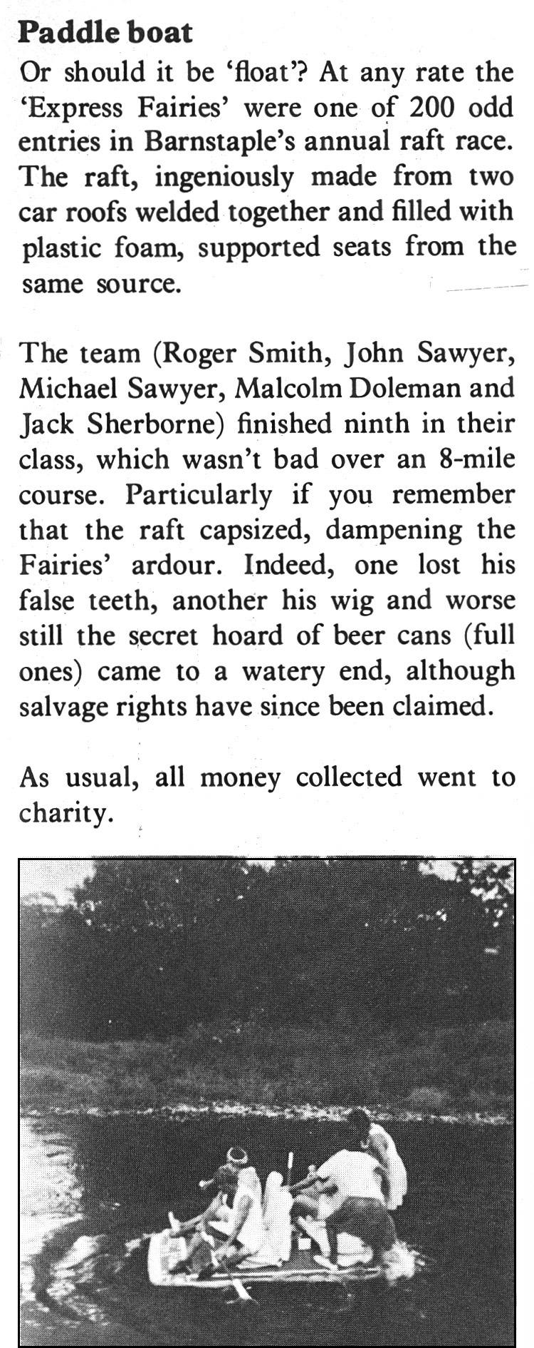 1978 Barnstaple raft race competitors Roger Smith, John Sawyer, Michael Sawyer, Malcolm Doleman and Jack Sherborne. (Express News Autumn)