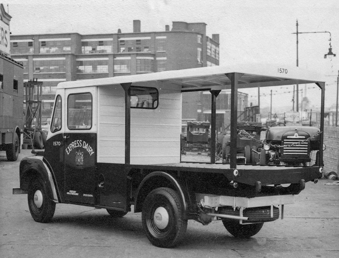 Rear side view of Express dairy Milk Float No. 1570. Dave Fane comments "The bodywork on Trojan 1570, and I would think the other ones, was done by Strachans of Acton, where I expect the photos were taken. Float 1570 was sold on after about two years with Express." (Courtesy Trojan Trust)