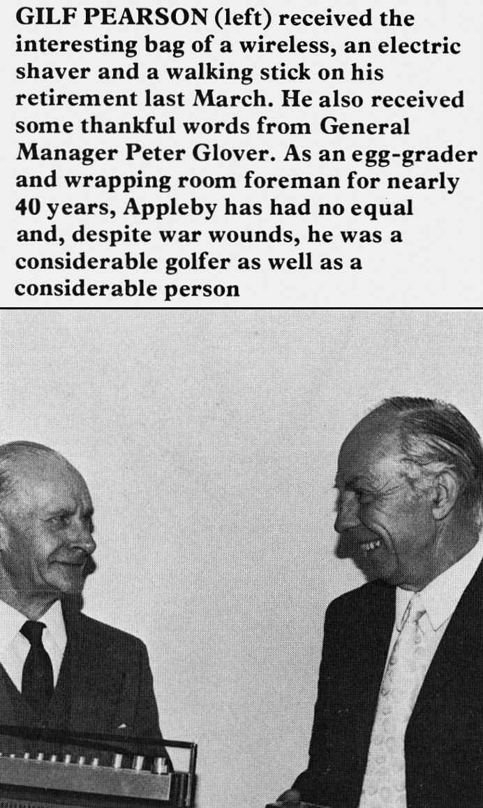 1978 Appleby foreman Gilf Pearson retires after almost 40 years. Sean Kenyon comments "Gilf was such a great guy. He was good enough to turn pro at golf... honoured to have known him and was a member at the golf club where Gilf was life president and former club champion many times." (Express News Summer)