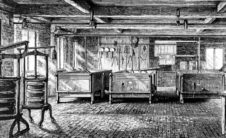 1800's Brailsford Cheese Factory; milk vats and cheese presses. (Courtesy Universal History Archive/UIG.)