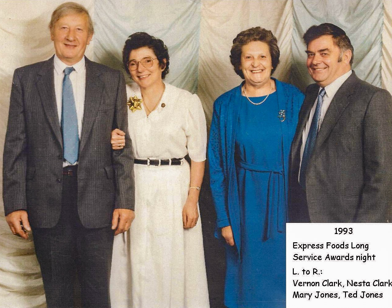 1993 Long service awards night at Express Ruyton, with Vernon and Nesta Clark with Mary and Ted Jones. (Courtesy Margaret Lycett, Ruyton Revisited FB Group)