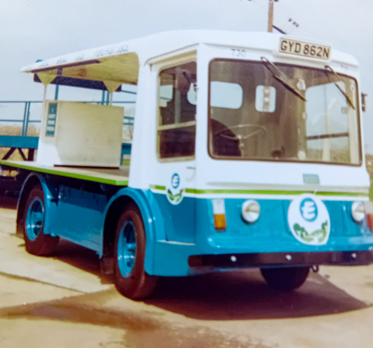 1986, March. Jeremy Pike says "Repainted by me in new Express blue, with green line. Photo was taken at Blatchbridge, Frome Depot. It was one of 12 Morison's at Frome, plus 10 Transits. I looked after it until Wessex Dairy sold rounds to Owens dairies in Frome." (Courtesy Jeremy Pike)