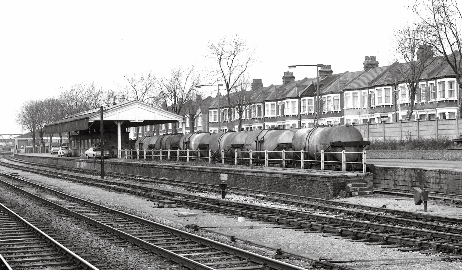 1975 Milk dock at West Ealing, viewed from the station platform on 8 March.Courtesy Kevin Lane, Flickr.
