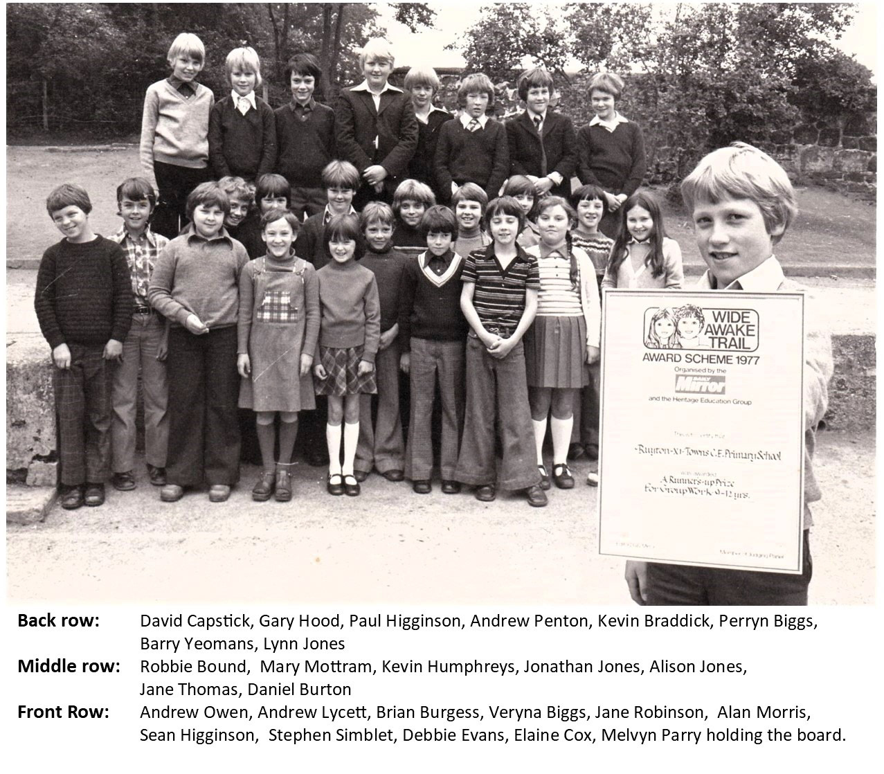 1977 Many surnames from the Express days! Pupils from Ruyton XI Towns were runners up in in a national competition sponsored by The National Heritage Council. 26 children aged 9 to 11 worked on various projects outlining the geography and history of the village. They won a Certificate and a £10 cheque. (Courtesy Margaret Lycett)