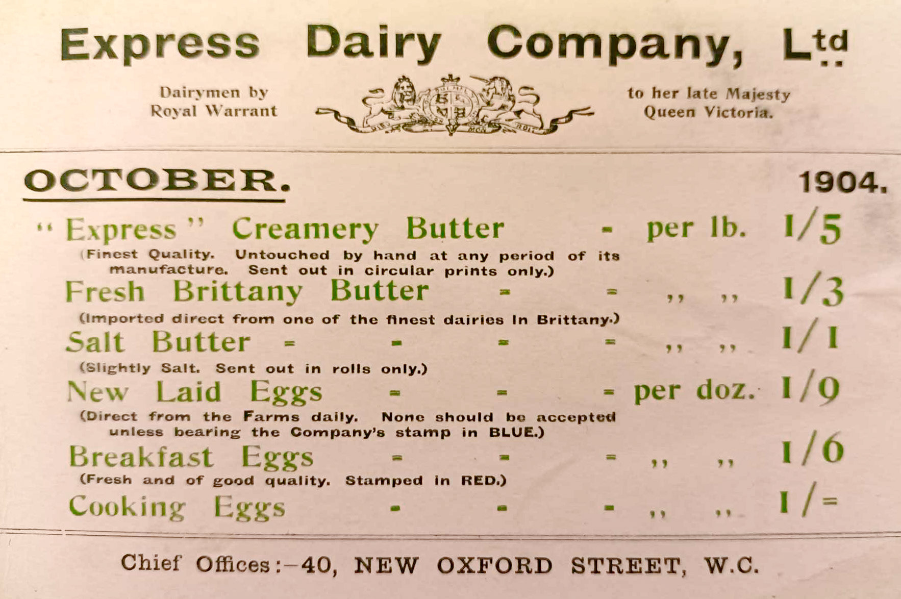 1904 Produce Price List (Courtesy Gerald Croxford)