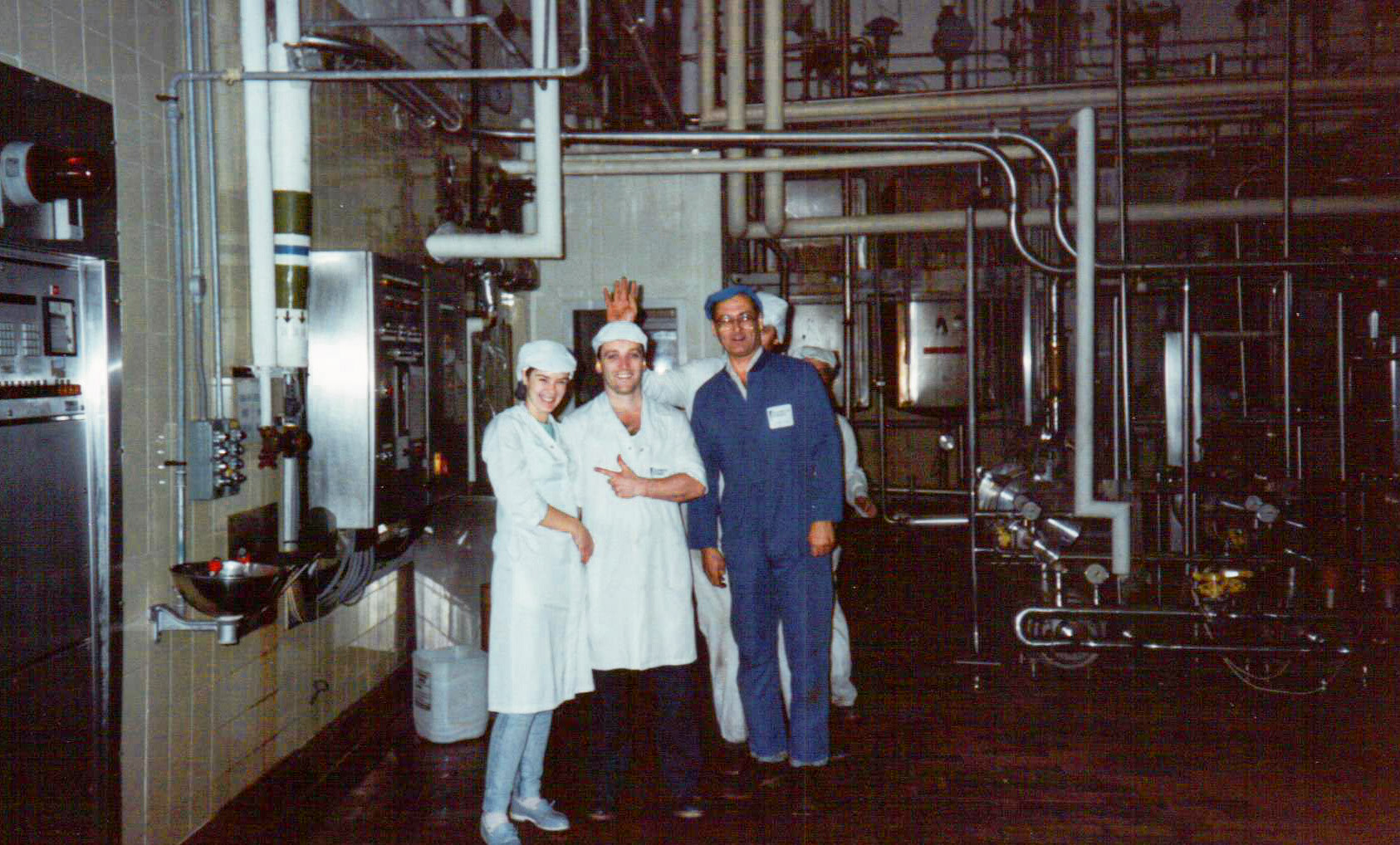 1991 Honiton Pasteurising Floor with Wendy Williams, Andy Meecham and Frank Swan (Courtesy Wendy Hawker)