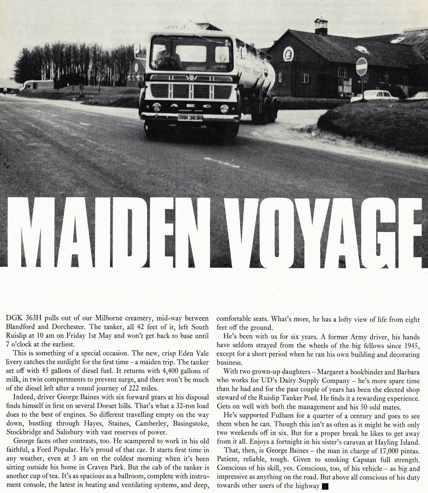 1970 AEC DGK 363H in new Eden Vale livery brings milk from Milborne to London, loaded by Ernie Haynes and driven by George Baines (Courtesy Doreen Williams)