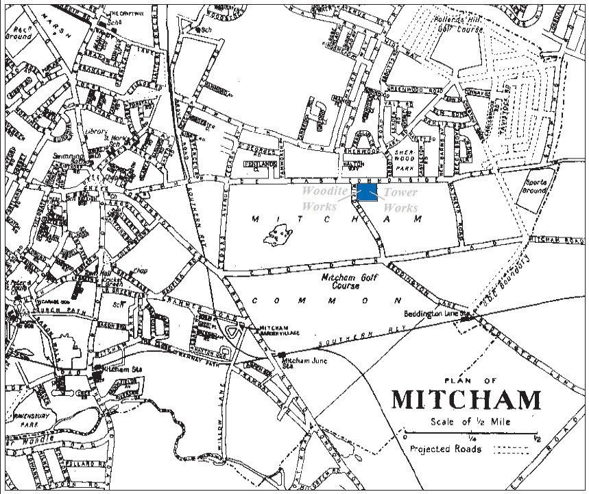 1930's Location of Tower Creameries from street plan, from Mitcham Official Guide. (Courtesy 'Memories of Tower Creameries by Irene Bain, Merton Historical Society 31)