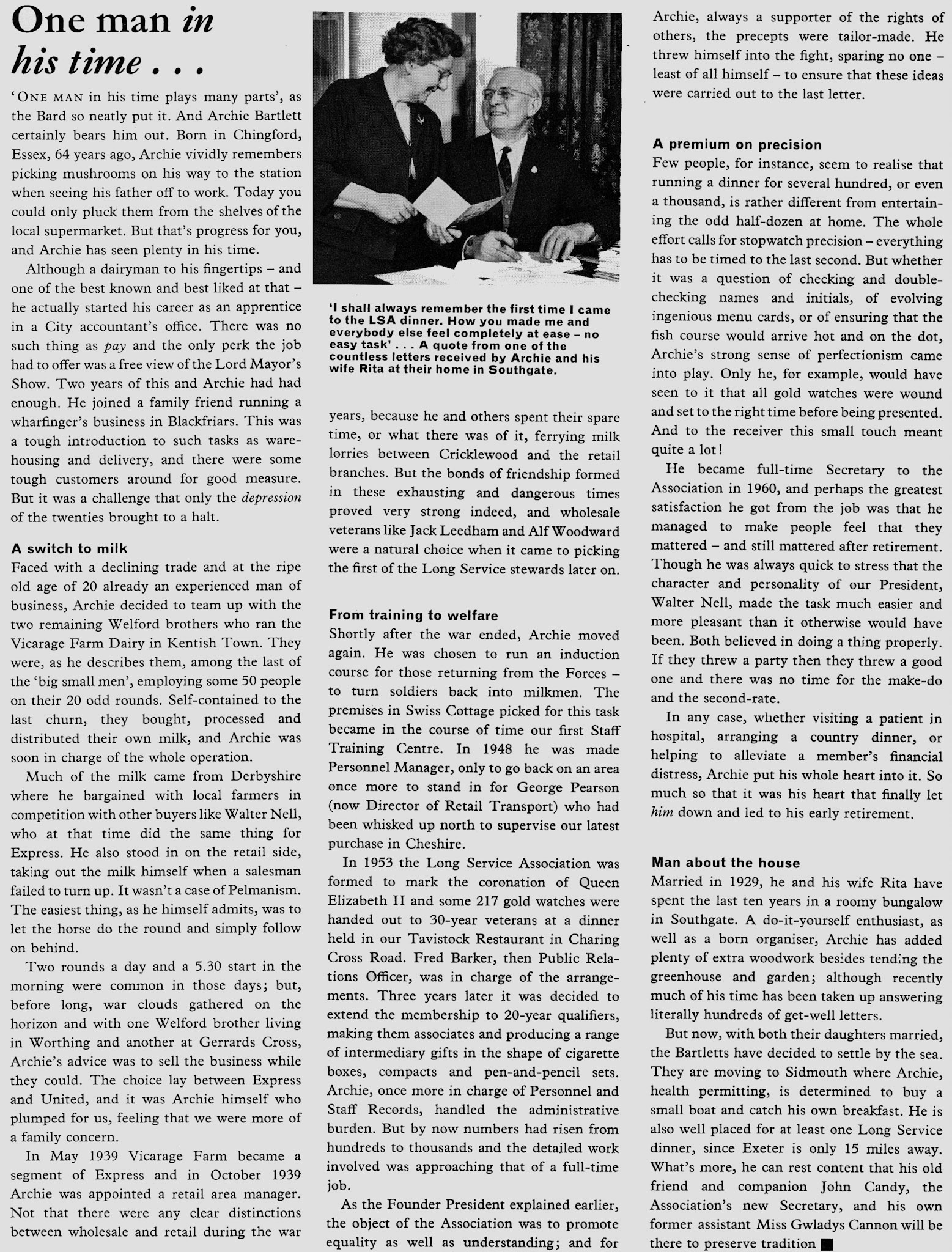 1968 Profile of Archie Bartlett when he retires from the Long Service Association. (Express News Spring)