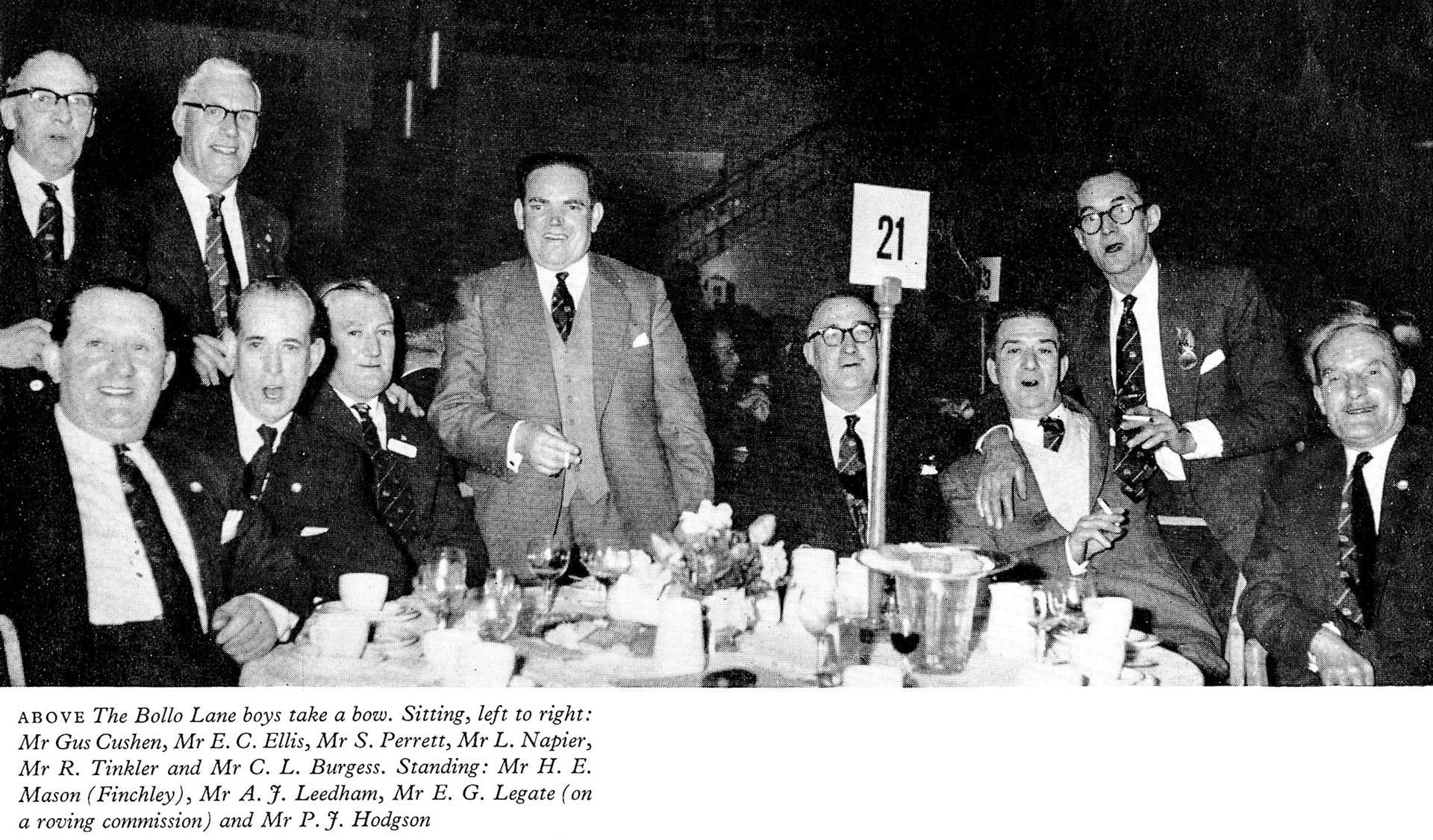 1961 Long Service Dinner at The Grosvenor Rooms, Bollo Lane staff: Mr Gus Cushen, Mr E.C. Ellis, Mr S. Perrett, Mr L. Napier, Mr R. Tinkler, Mr C.L. Burgess, Mr H.E. Mason (Finchley), Mr A.J. Leedham, Mr E.G. Legate and Mr P.J. Hodgson. (LSA Annual Review)