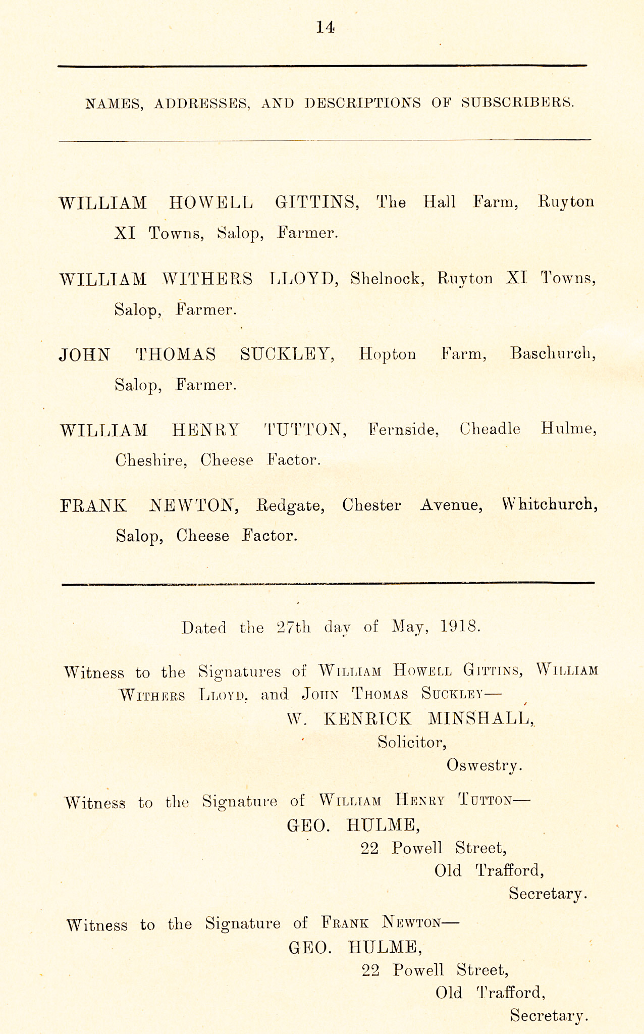 1918 Names and addresses of subscribers to Ruyton Co-operative Dairies, Limited