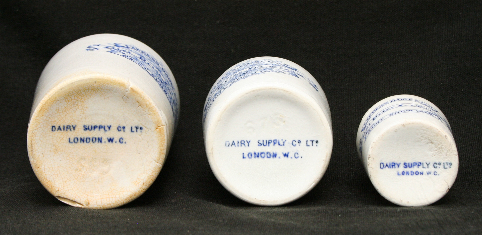 1888 Express Dairy Co. stoneware cream jars commemorating 'First Prize for Cream' at the Dairy Show, supplied by the Dairy Supply Company. Left jar: holds 10 fl. oz. and stands 5" high, Centre jar: holds 5 fl. oz. and stands 4" high, Right jar: holds 2.5 fl. oz. and stands 2.9" high. (Courtesy Mark Hudson)