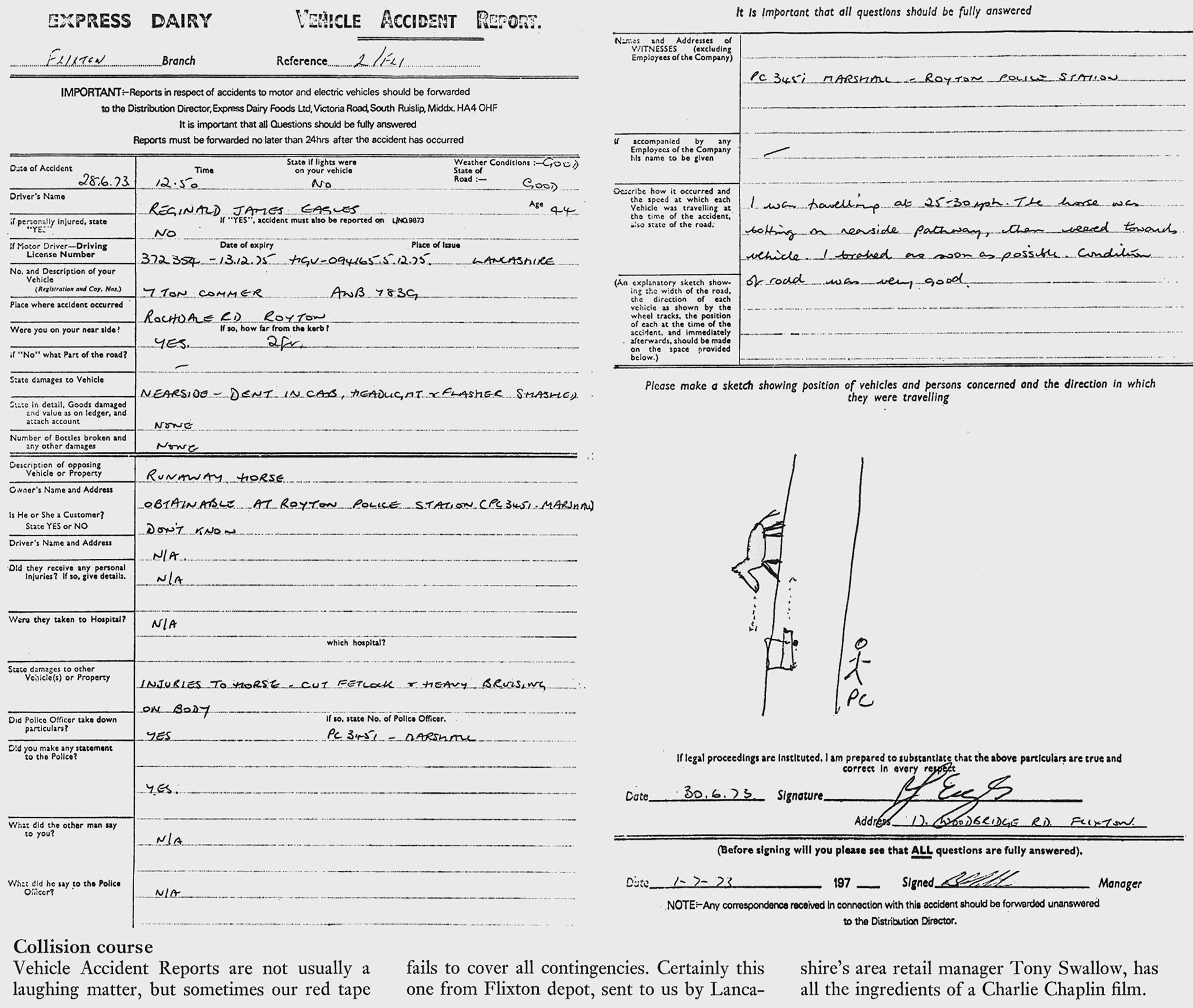 1973 Flixton Depot accident report following collision with a horse. (Express News Christmas)