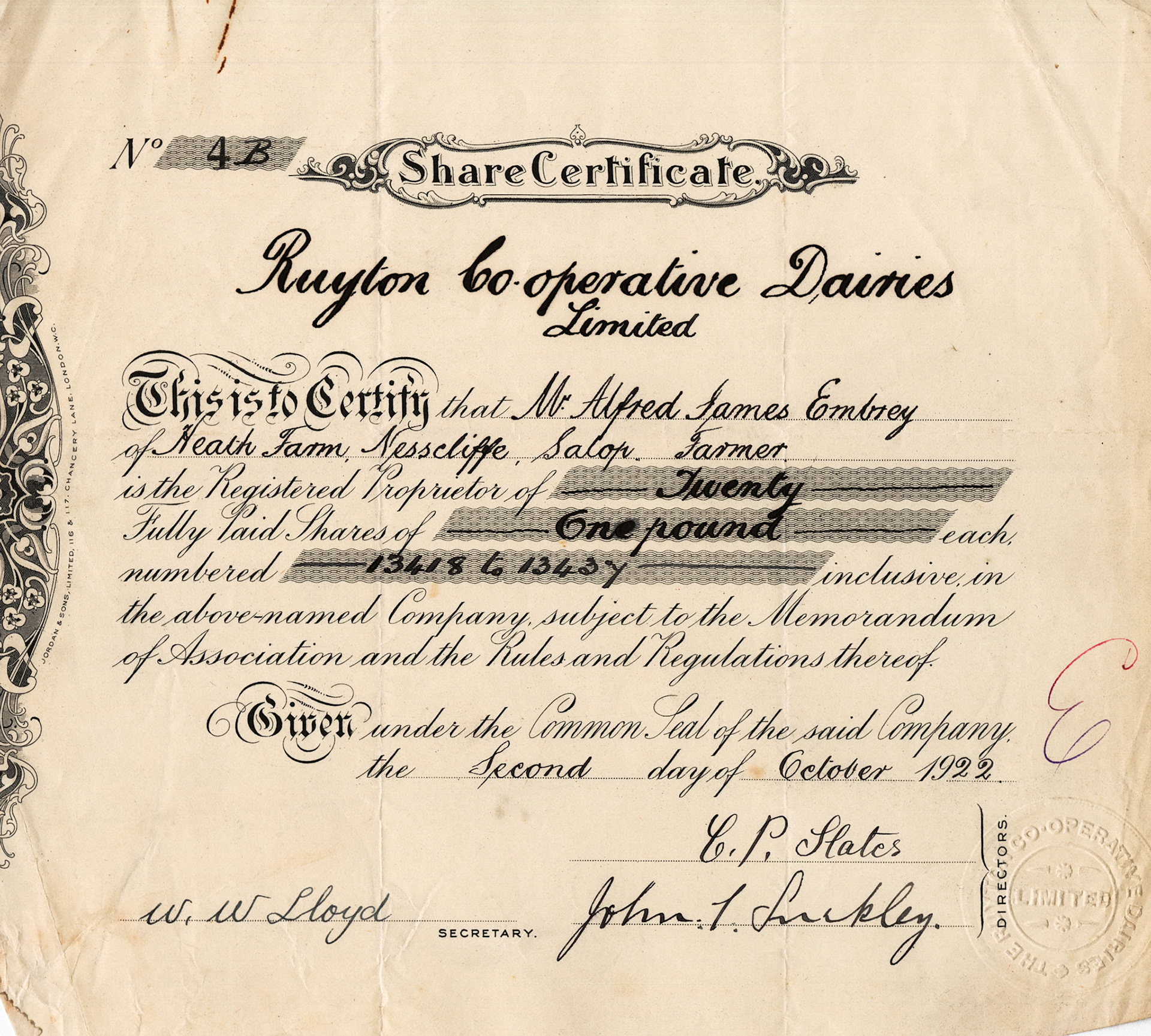 1922 Share Certificate-Mr Alfred James Embrey