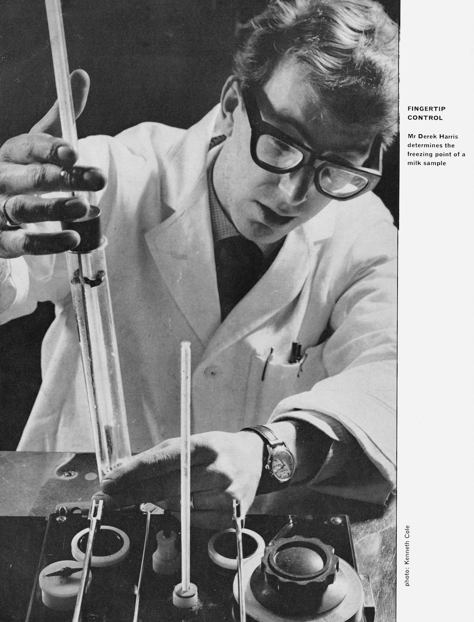 1964 Colindale Central Laboratories-Derek Harris determining the freezing point of a milk sample. (Express News Spring, Back Cover)
