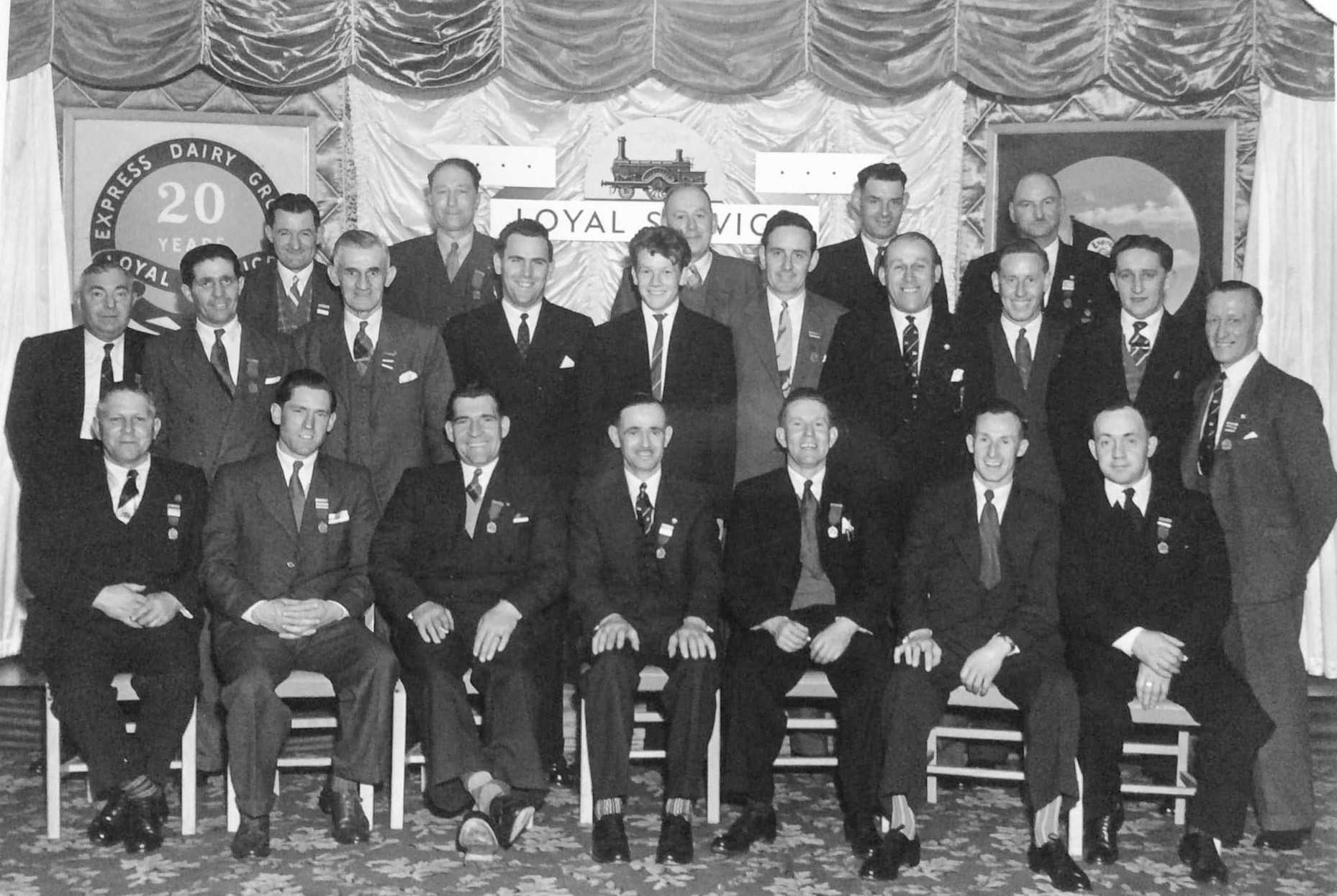 Appleby 20 year awards (Courtesy Iain Dargue comments 'My Dad (Arthur Dargue) front row 2nd from left, my Uncle Alf Dargue 5th From left.'