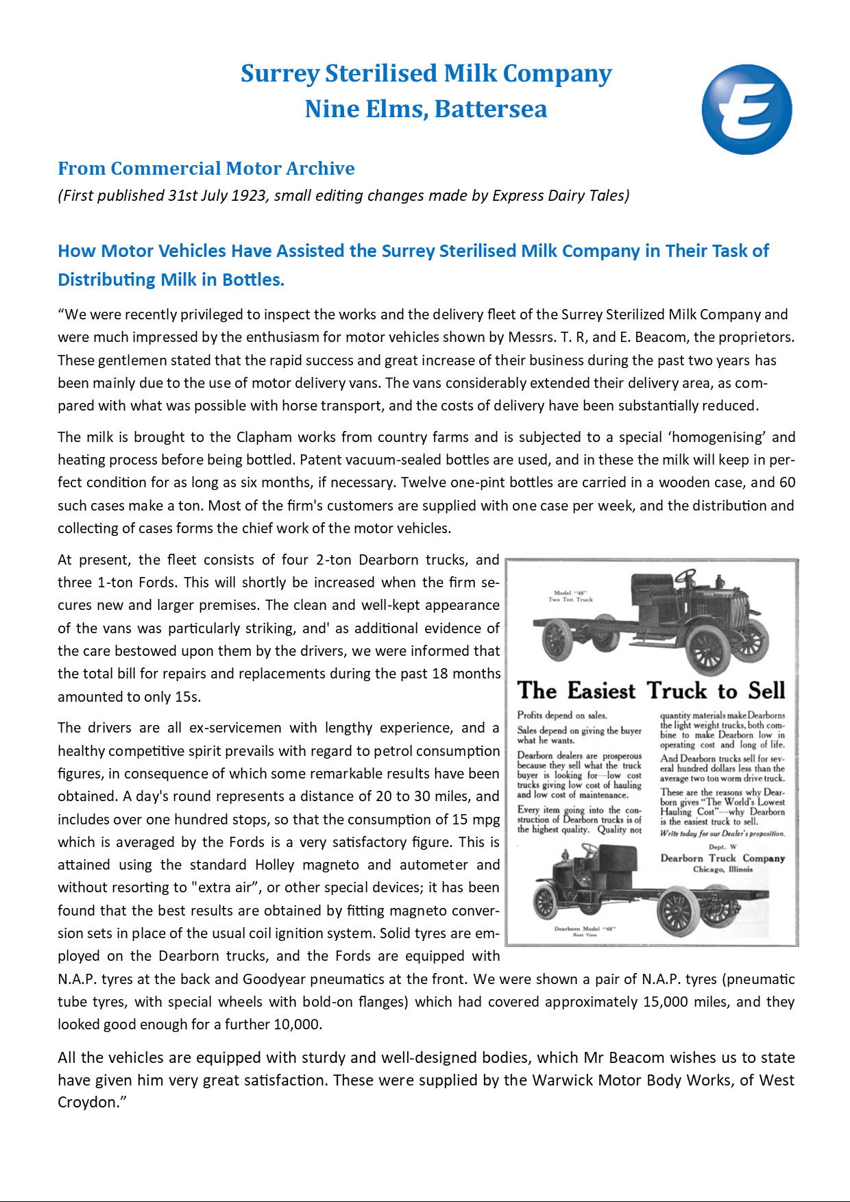 1923 Commercial Motor report on the Surrey Sterilised Milk Company Fleet (Express Dairy Tales)