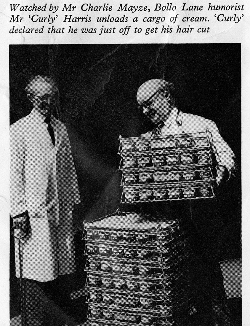 1958 'Curly' Harris at Bollo Lane unloads cream, watched by Charlie Mayze. Chris Austen comments "I spent time there in 1959 as part of my management training! Cream packing, chocolate drink, orange drink(Sukie sun cap???)."
