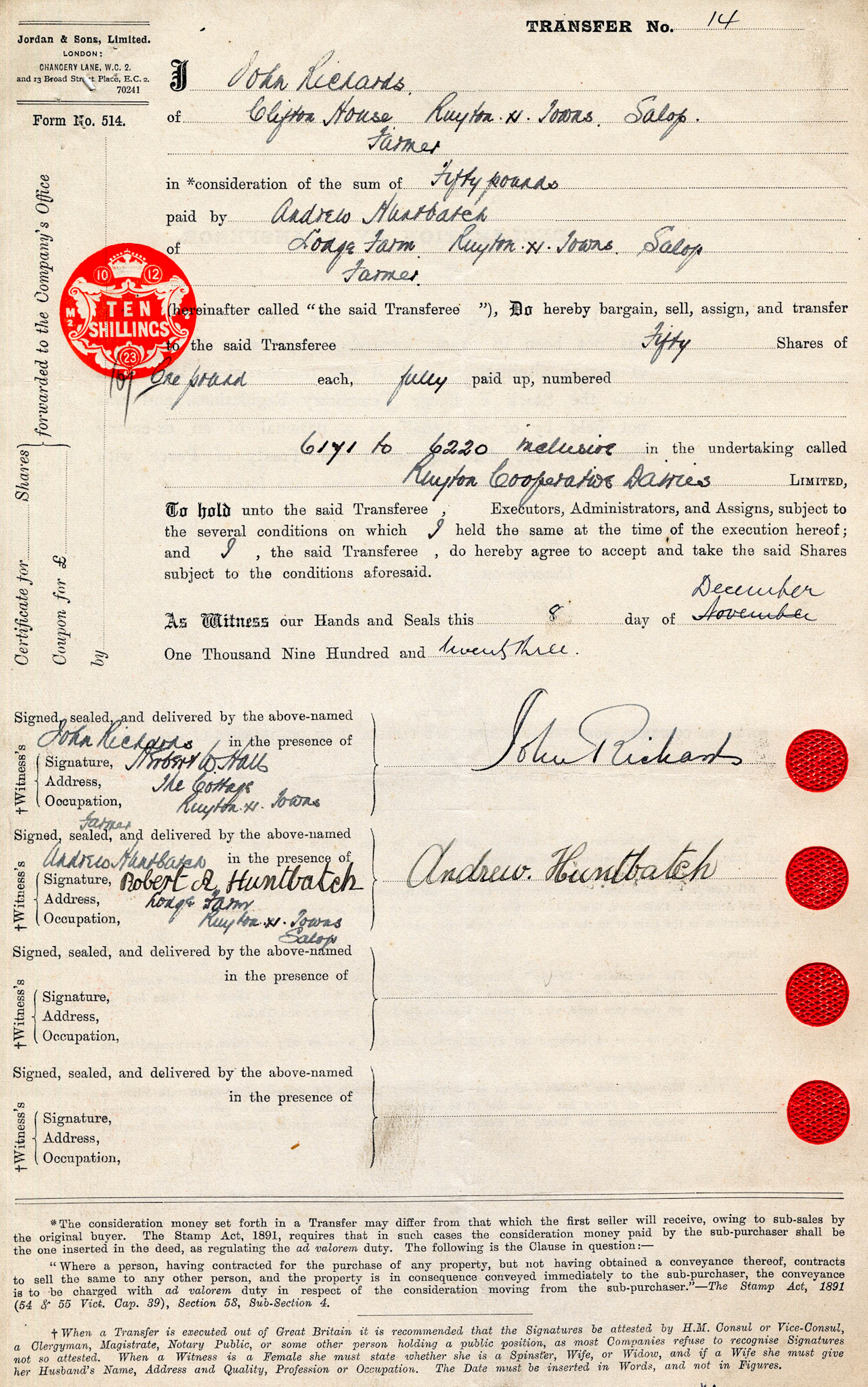 1923-John Richards-Share Transfer Form