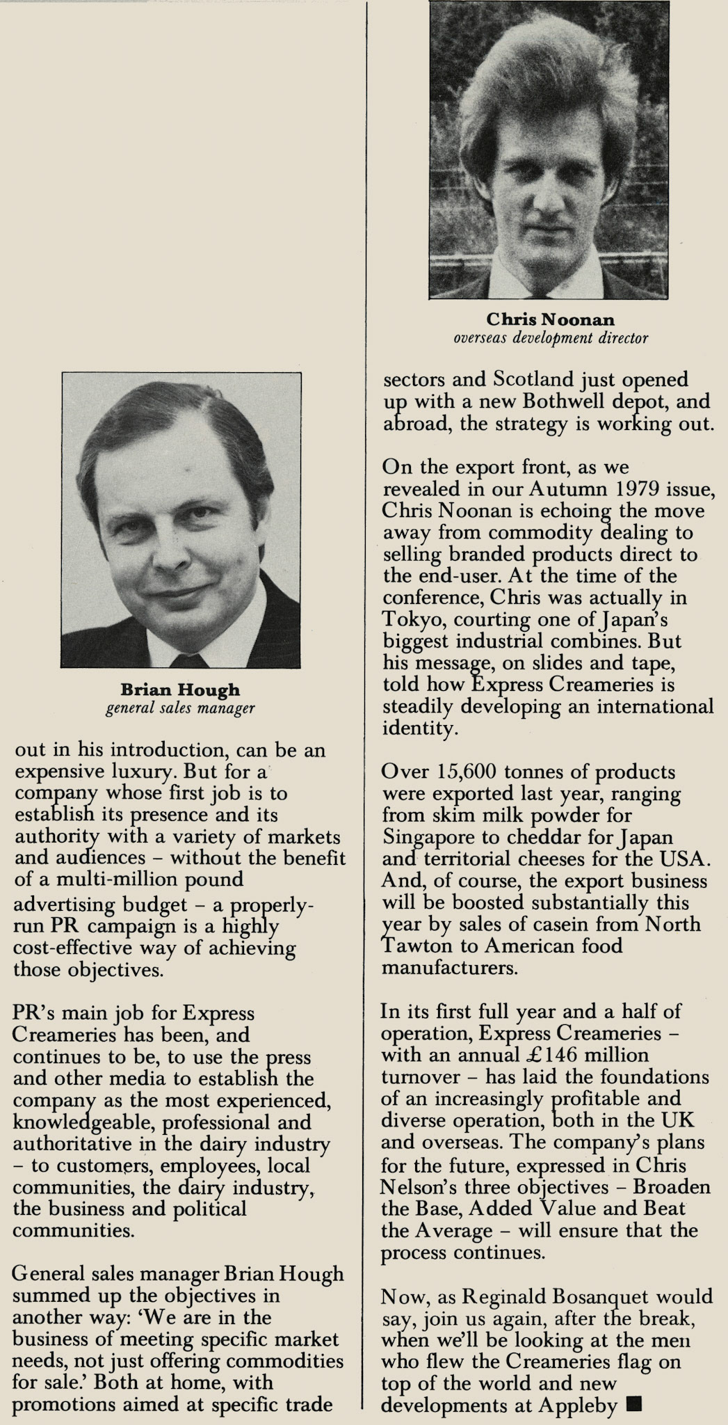 1980 Express Creameries feature, with Brian Hough as General Sales Manager, and Chris Noonan as Overseas Development Director. (Express News April)